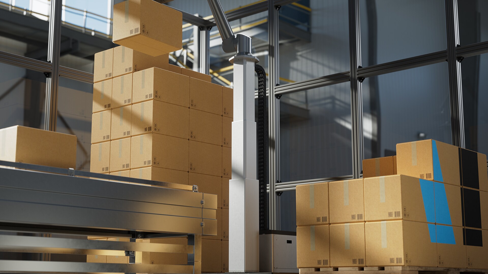 LINAK® 电动升降柱：ELEVATE™ 用于黑暗生产环境的协作机器人堆垛机